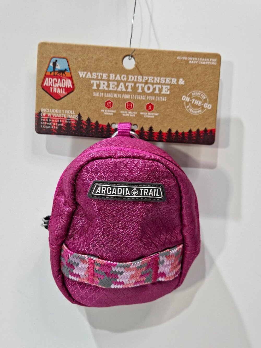 Arcadia Trail Waste Bag Dispenser & Treat Tote, Berry, NEW
